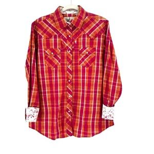 SHERRY CERVI RU‎ Cowgirl Western Pearl Snap Shirt Women's Large Pink Flip Cuffs